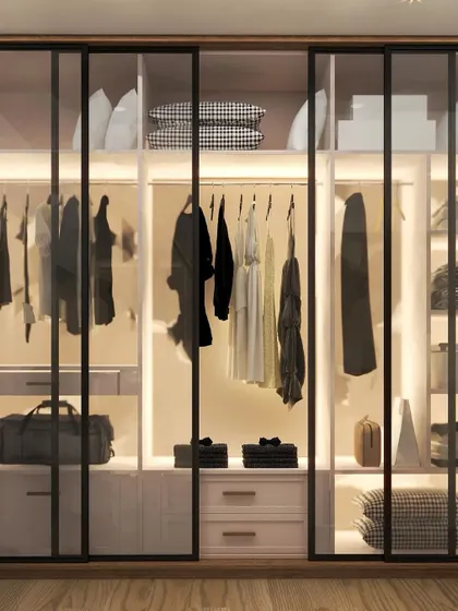 A visualization of a well-organized walk-in closet with glass sliding doors and internal lighting, making it easy to see and access clothing and accessories.