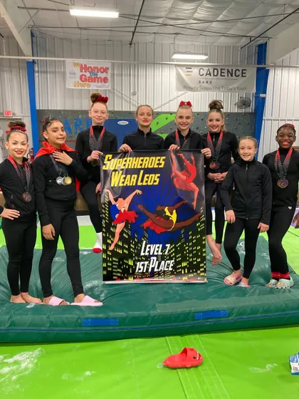 First place for our Level 7 team! These girls showed incredible strength and teamwork to win the top spot at the "Superheroes Wear Leos" meet.