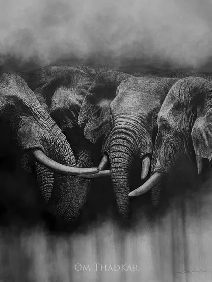 A 3 by 4 foot charcoal drawing of an elephant herd. This piece captures the social bonds and quiet majesty of these animals, with intricate textures that bring the scene to life.