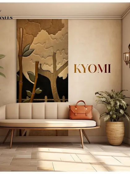 A look at the 'Kyomi' panel in a cozy living setup. The design is inspired by the pastels of nature, offering positive and earthy vibes to your home with its depiction of bamboo and trees.