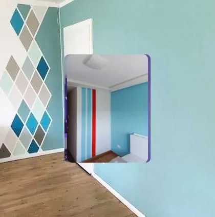 This image shows two examples of our geometric wall painting. On the left, a diamond pattern in shades of blue and grey, and on the right, a simple striped design for a clean, modern look.