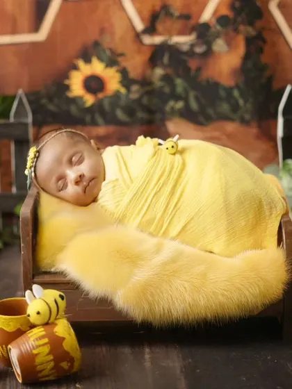 Another perspective of the honeybee theme, showing the baby nestled among sunflowers and honey pots. Every detail is carefully arranged for a perfect shot.