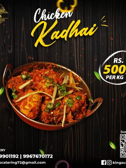 A poster showcasing our spicy and tangy Chicken Kadhai, a perfect dish to enjoy with hot naan or roti. Available for delivery by the kilogram.