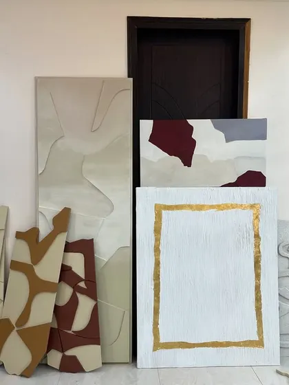 A collection of finished abstract and textured pieces ready for a large residential project in Hyderabad. This shows the variety of shapes and styles that can be part of a single commission.