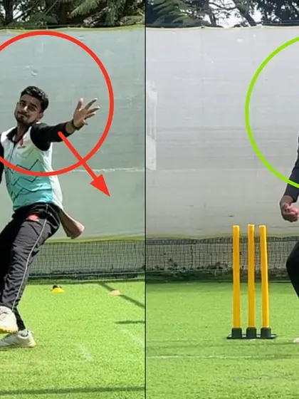 We corrected this leg spinner's misaligned action by focusing on the non-bowling arm and front shoulder alignment. The result is a more consistent action with the front shoulder properly aligned with the target.