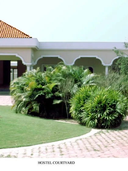 The hostel courtyard at Babrala School, designed with landscaped pathways and lush greenery. This space provides students with a peaceful, natural environment for rest and social interaction, reflecting our focus on holistic student well-being.