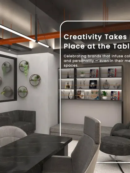 A meeting space designed for creativity, with comfortable seating and unique wall decor. The design encourages personality and collaboration.