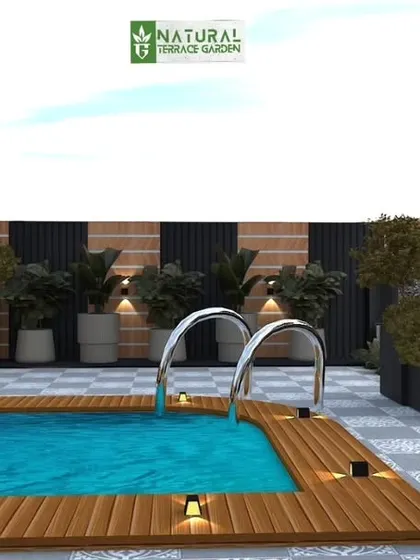 A 3D concept for a rooftop pool area. The design includes a metal ladder for access and is surrounded by a wooden deck and modern planters.
