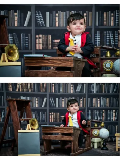 A two-photo collage showing different angles of the library-themed wizard shoot. The setup includes a globe, a small chalkboard, and a gramophone to complete the magical, old-world feel.