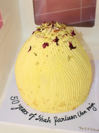 A personalized version of our Modak cake, created to celebrate "50 years of Shah Parivaar cha Raja." We love adding custom messages to make our cakes a part of your family's traditions.