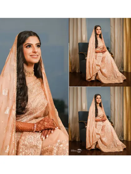 A collage of elegant seated portraits of the bride. These shots are perfect for showcasing the full silhouette of her outfit in a graceful and poised manner.