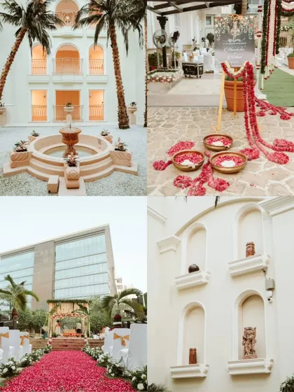 A collage showcasing the beautiful, palatial venue and decor details of a wedding at the Hilton Mumbai.
