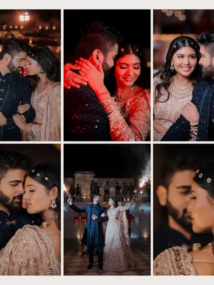 This collage is a collection of intimate and romantic moments from a Sangeet night. We focus on the couple's chemistry, using warm lighting and close-up shots to create a dreamy and passionate feel.