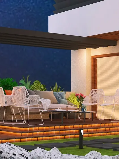 Another view of the Gurugram terrace concept, showing a comfortable lounge area on a raised deck, perfect for enjoying the evening.