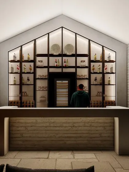 A night-time view of the penthouse bar concept. This render demonstrates how the lighting design, particularly the back-lit shelving, transforms the space after dark, creating an intimate and moody bar experience.