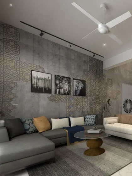This interior render showcases a living area with a custom patterned wall, track lighting, and a mix of modern and comfortable furniture, reflecting a sophisticated urban aesthetic.