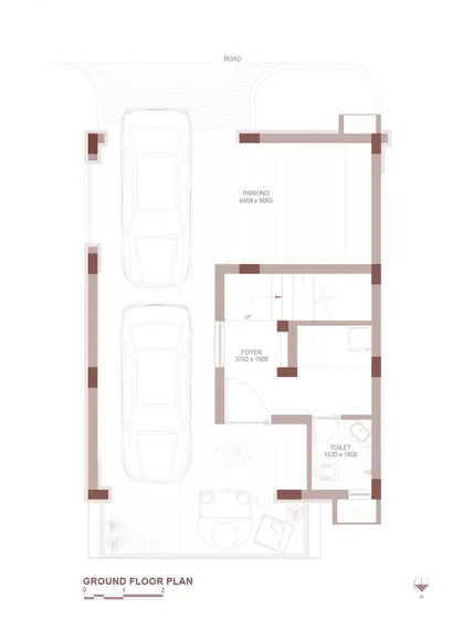 The ground floor plan for the Raghavan Valley villa, showing the layout of the parking, foyer, and entry-level spaces.