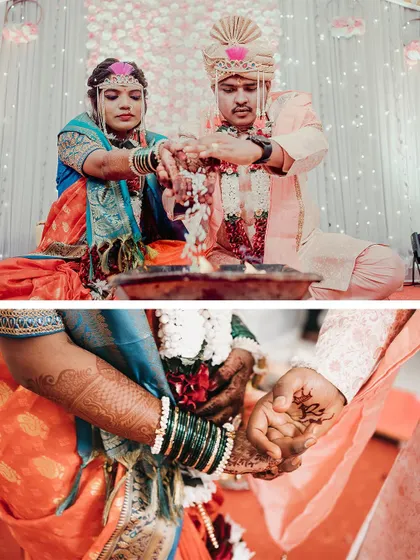 A collage showing key wedding rituals. The top frame shows the couple participating in a ceremony, while the bottom frame is a close up of them holding hands.