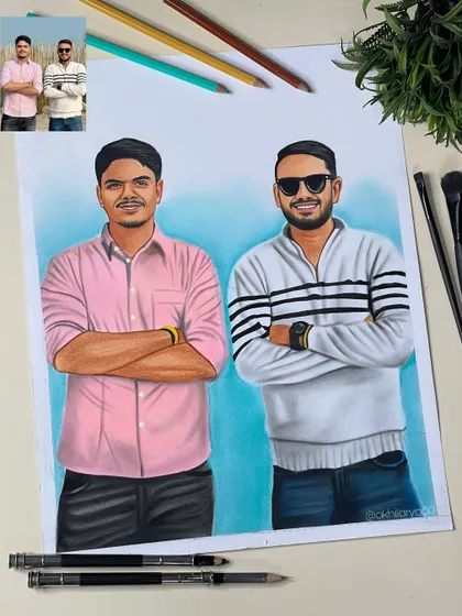 This A3 colored pencil drawing combines two separate photos of friends into one portrait, making it look like they posed together.