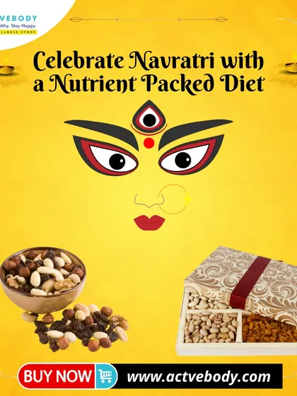 Celebrate Navratri with a nutrient-packed diet. This image, featuring a beautiful gift box of dry fruits, suggests fueling your festivities with these essential nutrients to keep your energy high.