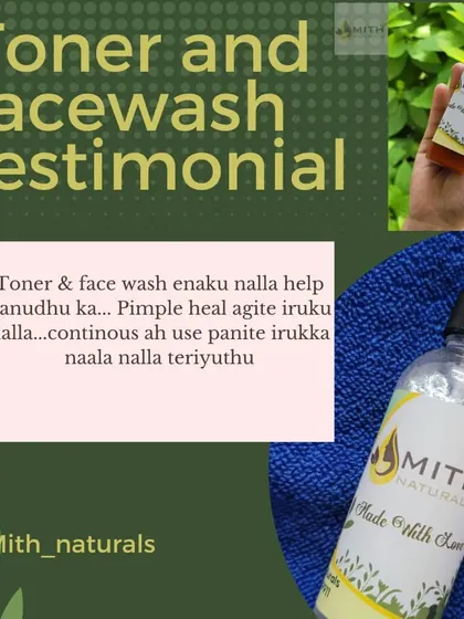 A testimonial for my Tea Tree Toner and Saffron Facewash. The customer says it's helping to heal her pimples with continuous use, which shows that gentle, consistent care works wonders.