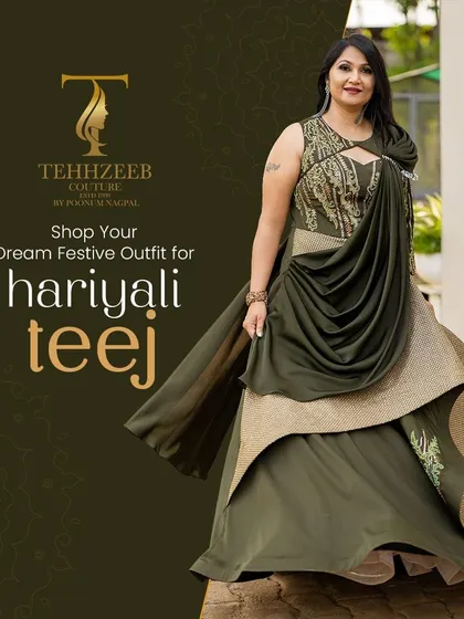 A client looking radiant in our olive green draped gown. It's a comfortable yet stylish option for enjoying the Hariyali Teej or Mehandi festivities.
