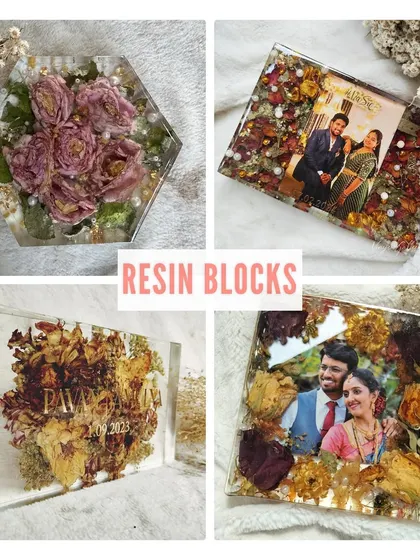 A collection of my resin blocks, perfect for preserving bouquets or varmalas in a solid, elegant form.