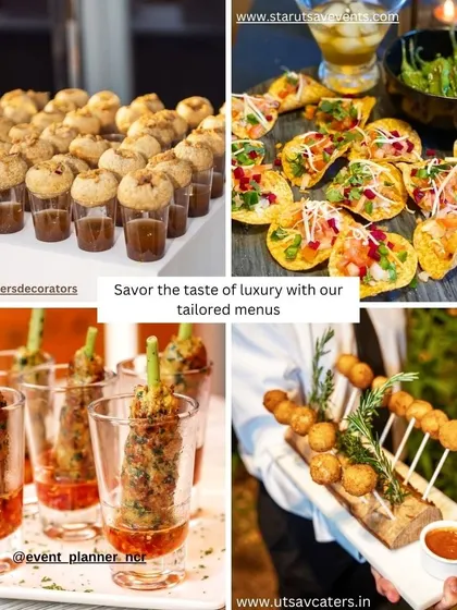 A collage showcasing our gourmet catering service. I believe the food should be as spectacular as the decor, so I offer a range of creative appetizers like pani puri shots, fusion tacos, and assorted kebabs, all presented with a touch of luxury.