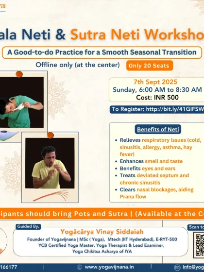 An informational poster for my Jala Neti and Sutra Neti workshop. These yogic cleansing techniques are excellent for relieving respiratory issues, clearing nasal blockages, and enhancing the senses, especially during seasonal transitions.