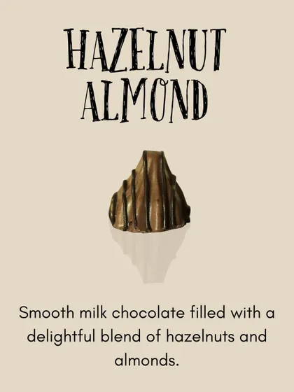Our Hazelnut Almond modak features smooth milk chocolate filled with a delightful blend of roasted hazelnuts and almonds.