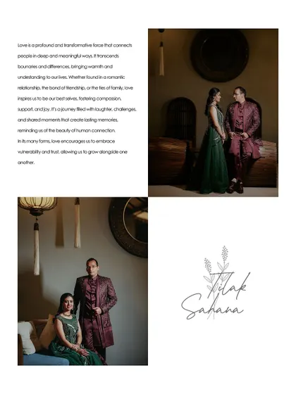 An album layout combining portraits of the couple with a heartfelt text about the meaning of love.