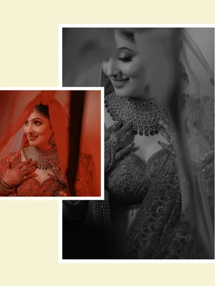 A beautiful bridal collage that mixes a red-tinted shot with a classic black and white portrait. The contrast highlights the bride's smile and the delicate texture of her veil.