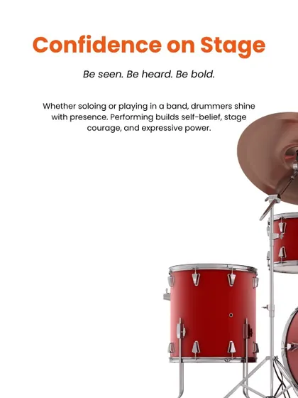 We build confidence on stage, not just in the practice room. Performing helps drummers develop self-belief and expressive power, whether playing in a band or solo.