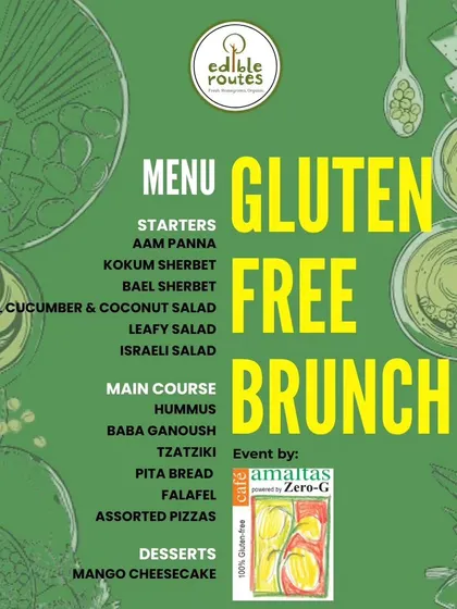 The Mediterranean-inspired menu for our Gluten-Free Brunch, featuring coolers like Aam Panna, fresh salads, hummus, falafel, and mango cheesecake.