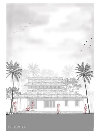 The side elevation drawing for the Doddaballapura mud house. It shows the simple, clean lines of the structure, with a focus on functional openings and a traditional sloping roof that is well-suited to the local climate.