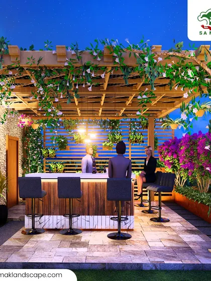 We designed this rooftop terrace as the ultimate urban escape and entertainment hub. The space features a custom outdoor bar under a modern pergola, surrounded by lush planters and ambient lighting, proving that even in the city, you can have your own private oasis.