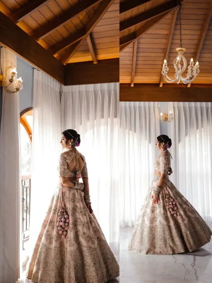A collage of the bride posing by a window, showcasing her lehenga from different angles.