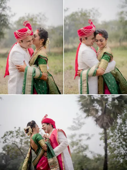 A collage of candid and romantic moments from a couple's outdoor wedding shoot, showing kisses, hugs, and laughter.