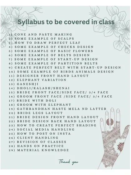 My course syllabus is designed to take you from zero to pro. We will cover 29 key topics, including drawing birds, animals, bridal figures, and even social media handling for your business.