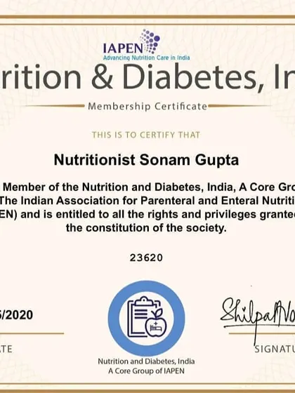 I am a proud member of Nutrition and Diabetes, India, a core group of IAPEN. This certification reflects my specialized knowledge and commitment to advancing nutrition care for the management and reversal of Diabetes in India.