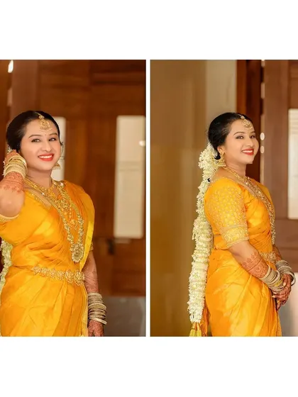 A diptych of the bride in a beautiful yellow saree, showing both a side profile and a direct portrait.