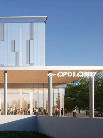 This rendering of an OPD lobby shows how a double-height spill-out space can offer a breathtaking escape from the hospital hustle. This space allows patients, caregivers, and visitors to breathe, reflect, and recharge.