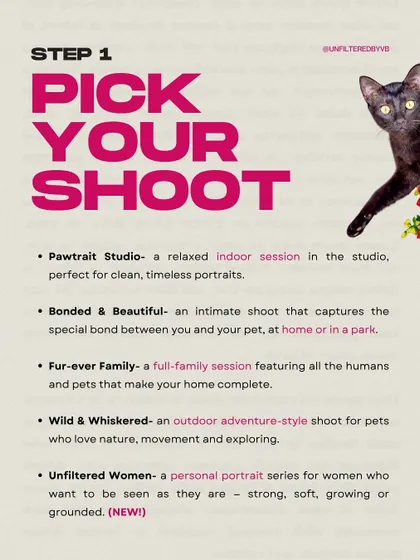 Step 1: Pick Your Shoot. This graphic outlines the different session styles I offer, from studio portraits to outdoor adventures.