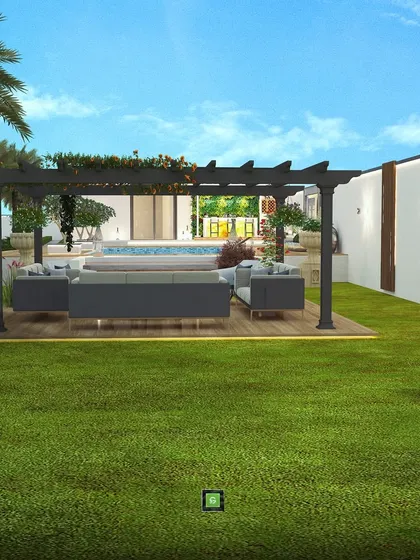 A concept for the same Palwal farmhouse, showing a large lawn leading to a pergola-covered seating area by the pool.
