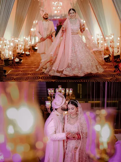 A collage from Prateek and Ebba's destination wedding in Jammu, showing the bride's grand entrance.