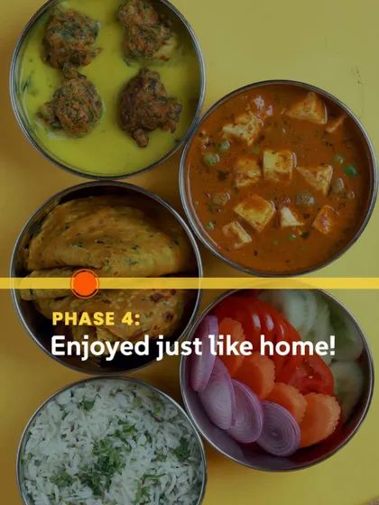 Phase 4: Enjoyed just like home! A delicious spread of kadhi pakoda, matar paneer, and more, ready to be savored.
