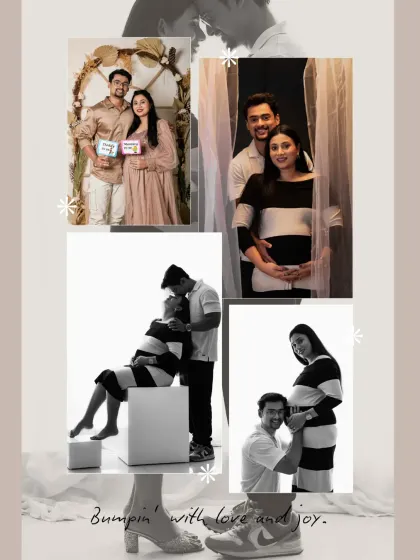 A beautiful collage showcasing different moments from one couple's maternity shoot. It highlights the variety of poses, outfits, and backdrops we can achieve in a single session.