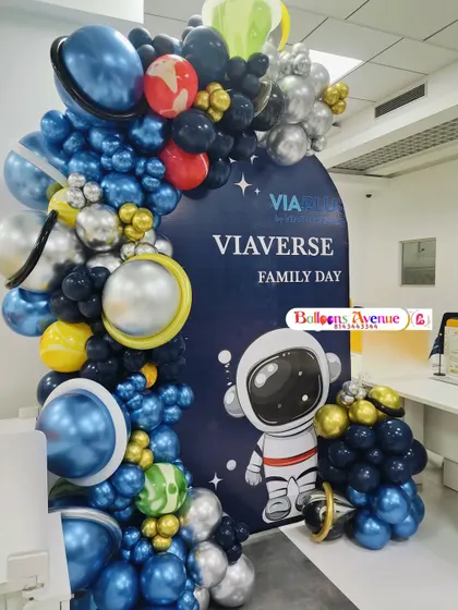 Another shot of the space-themed balloon arch for the Viaverse Family Day, showing the intricate details of the planet balloons.
