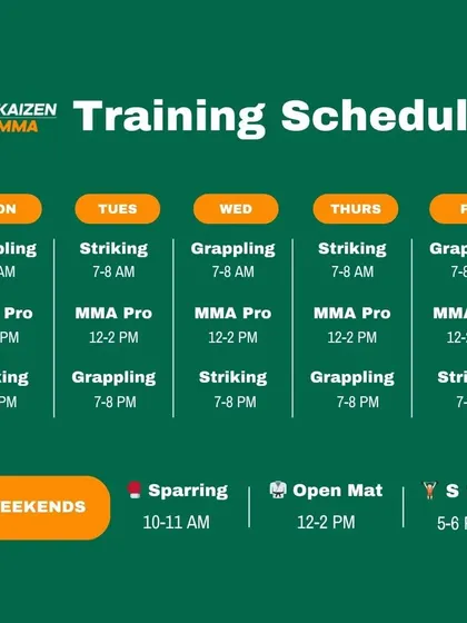 The official Kaizen MMA training schedule. We offer a mix of grappling, striking, and pro MMA classes throughout the week, with sparring and open mats on weekends.