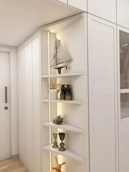 A detail from the bedroom 3D render, showing the corner shelving unit integrated into the wardrobe. This is a great way to add display space without cluttering the room.